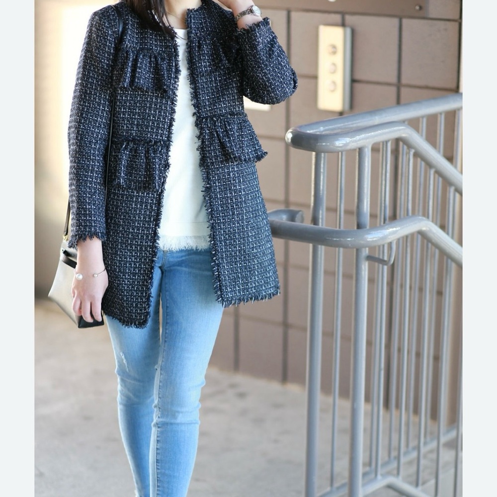 Ann Taylor navy blue metallic tweed ruffle jacket - Picture 6 of 13